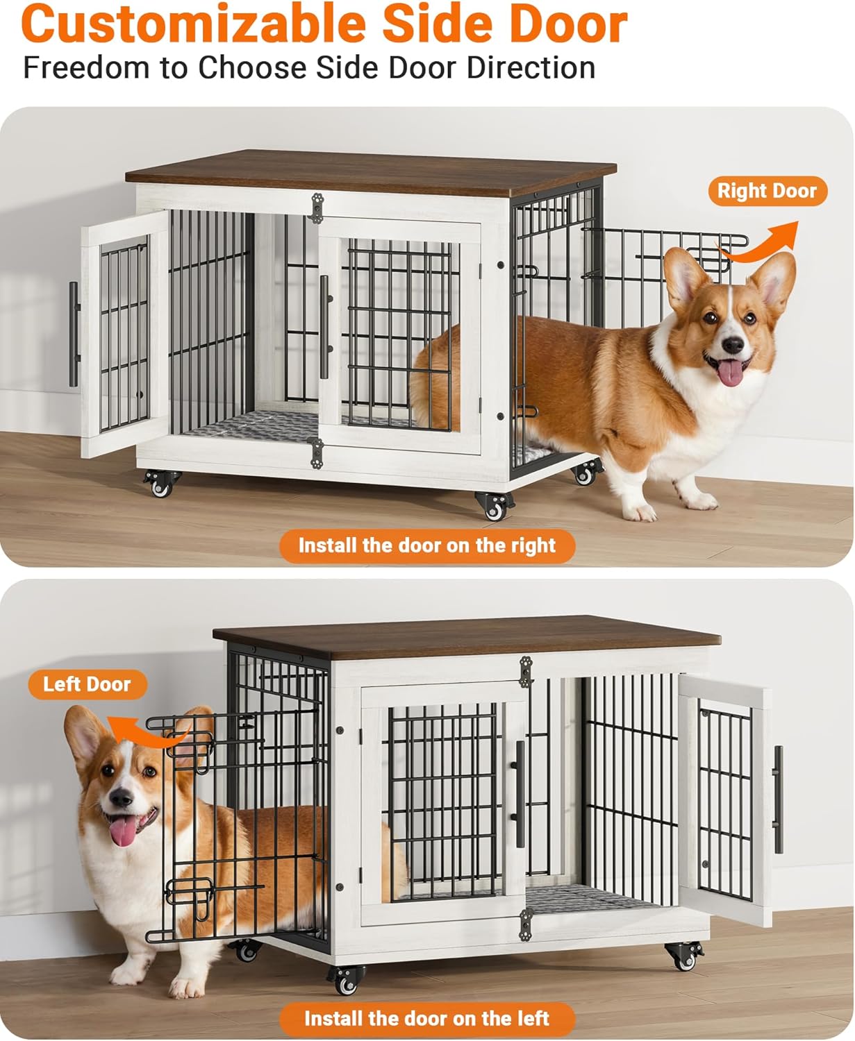 ✨Dog Crate Furniture with Cushion, Wooden Dog Kennel Indoor with Double Doors and Wheels, Dog House Side End Table for Small Medium Dogs up to 45 lb