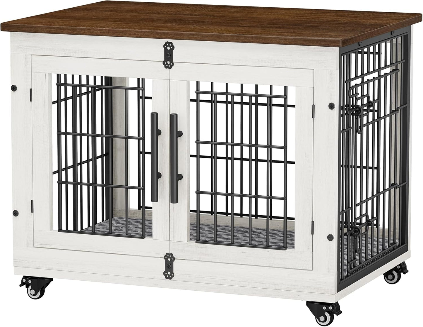 ✨Dog Crate Furniture with Cushion, Wooden Dog Kennel Indoor with Double Doors and Wheels, Dog House Side End Table for Small Medium Dogs up to 45 lb