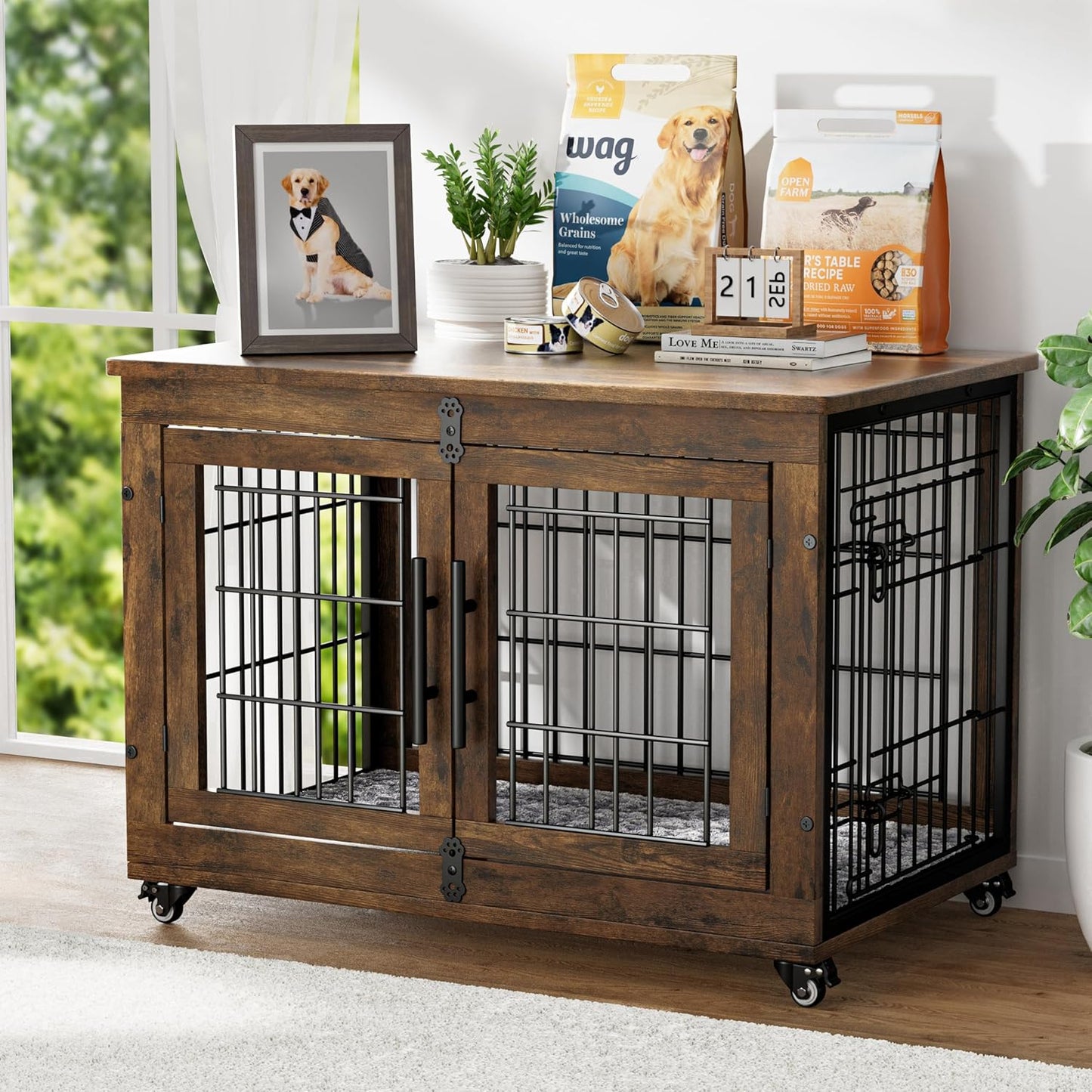 ✨Dog Crate Furniture with Cushion, Wooden Dog Kennel Indoor with Double Doors and Wheels, Dog House Side End Table for Small Medium Dogs up to 45 lb