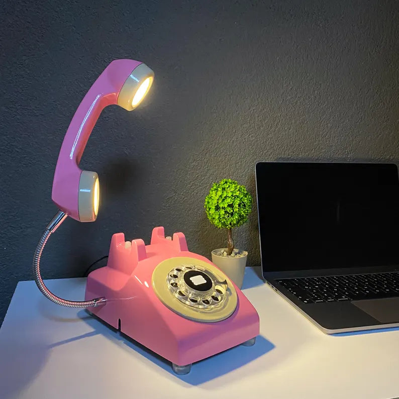 📞Upcycled Rotary Phone Lamp, Vintage Orange Desk Light,Mid Century Lighting