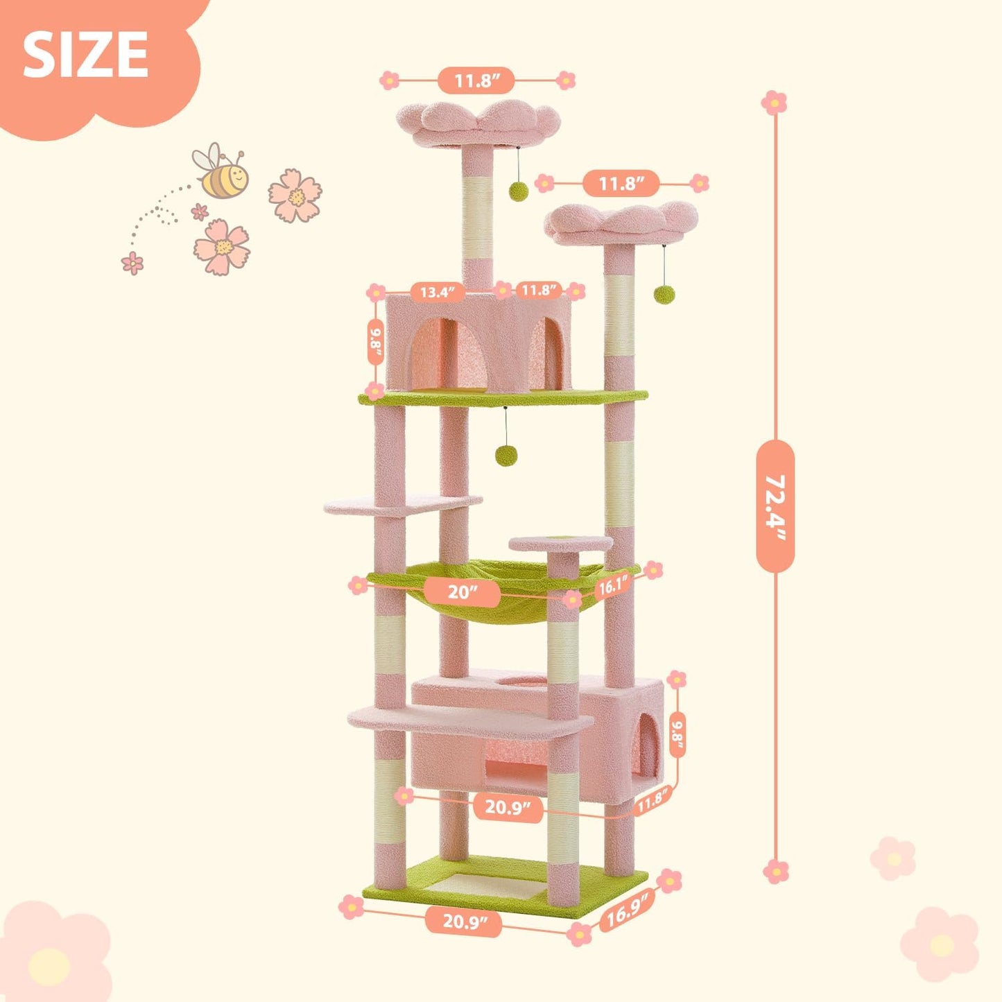 😺72 Inches Large Cat Tower with Steel Frame Hammock and 7 Scratching Posts, Tall Cat Tree with 2 Condos and Perches for Large Indoor Cats