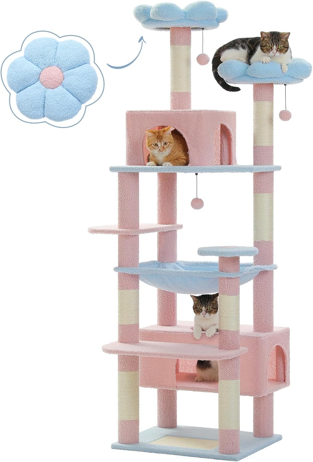 😺72 Inches Large Cat Tower with Steel Frame Hammock and 7 Scratching Posts, Tall Cat Tree with 2 Condos and Perches for Large Indoor Cats