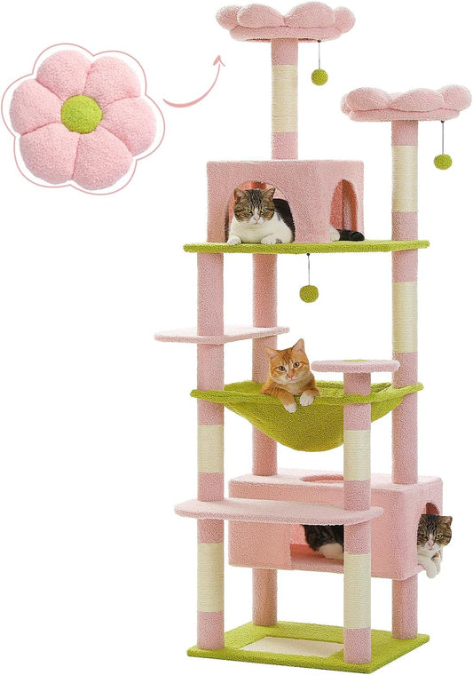 😺72 Inches Large Cat Tower with Steel Frame Hammock and 7 Scratching Posts, Tall Cat Tree with 2 Condos and Perches for Large Indoor Cats