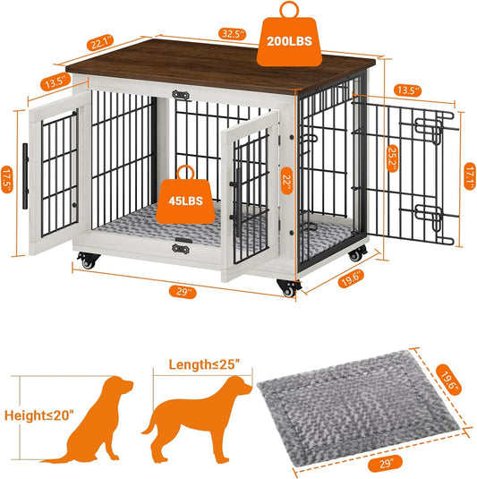 ✨Dog Crate Furniture with Cushion, Wooden Dog Kennel Indoor with Double Doors and Wheels, Dog House Side End Table for Small Medium Dogs up to 45 lb