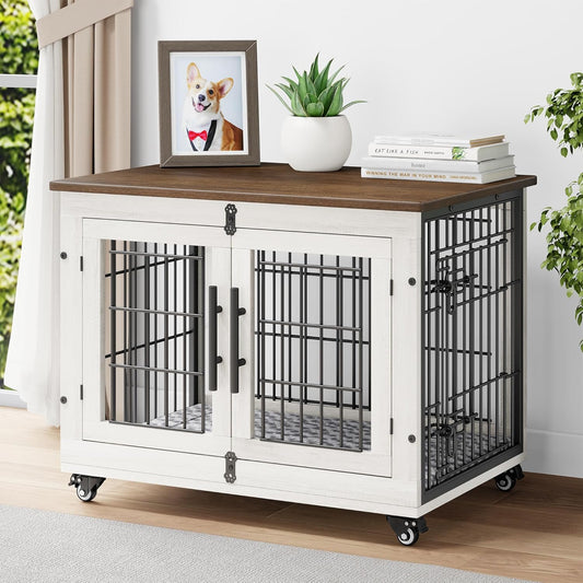 ✨Dog Crate Furniture with Cushion, Wooden Dog Kennel Indoor with Double Doors and Wheels, Dog House Side End Table for Small Medium Dogs up to 45 lb