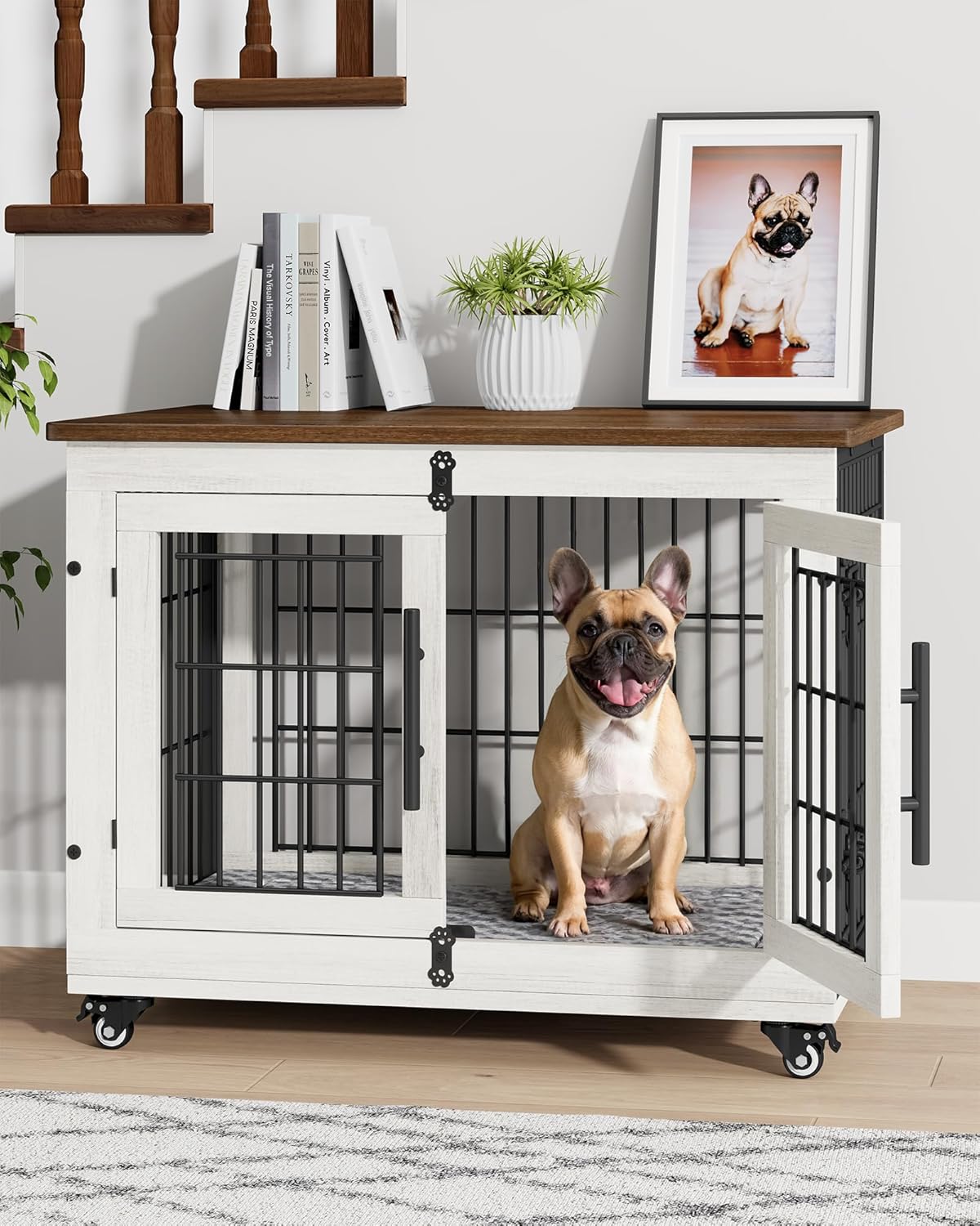 ✨Dog Crate Furniture with Cushion, Wooden Dog Kennel Indoor with Double Doors and Wheels, Dog House Side End Table for Small Medium Dogs up to 45 lb