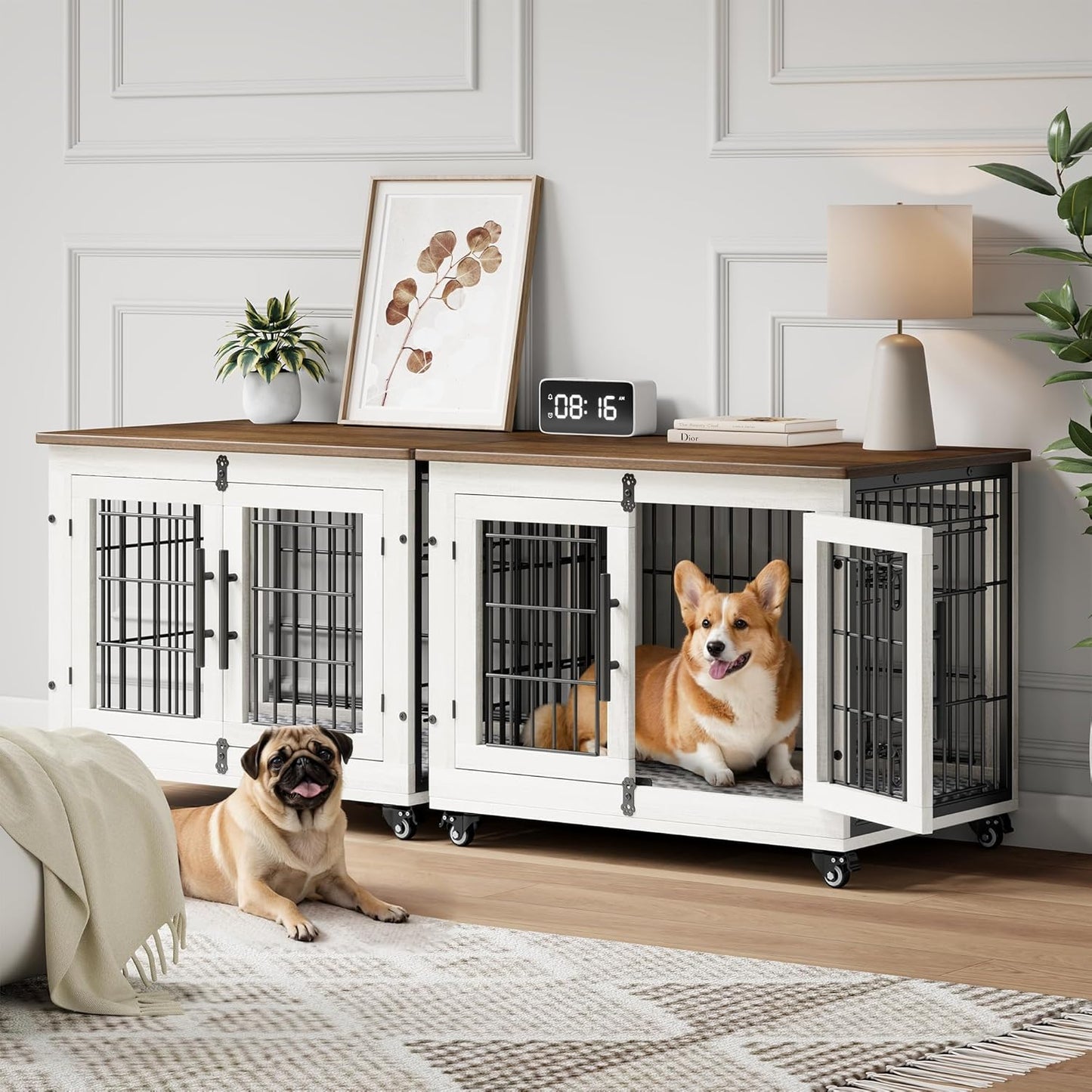 ✨Dog Crate Furniture with Cushion, Wooden Dog Kennel Indoor with Double Doors and Wheels, Dog House Side End Table for Small Medium Dogs up to 45 lb