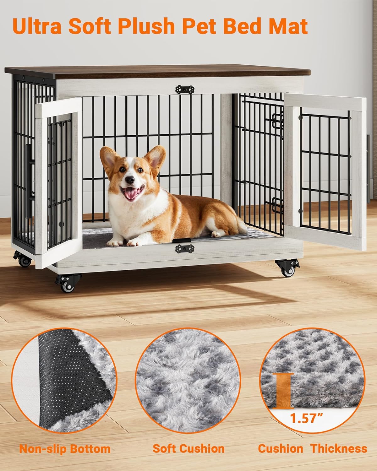 ✨Dog Crate Furniture with Cushion, Wooden Dog Kennel Indoor with Double Doors and Wheels, Dog House Side End Table for Small Medium Dogs up to 45 lb