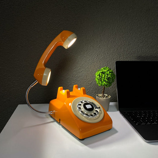📞Upcycled Rotary Phone Lamp, Vintage Orange Desk Light,Mid Century Lighting